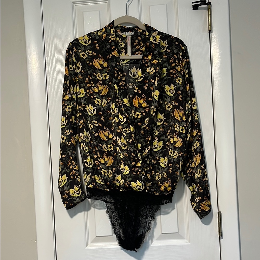 Free People Elsa Floral Black and Yellow Bodysuit